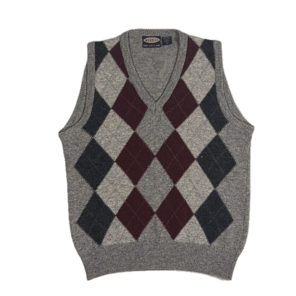 Vintage Mirell Made in‎ Italy Shetland Wool knit v Neck sweater vest men's large